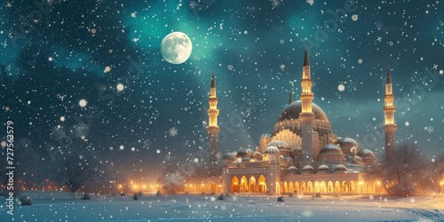 Mosque at the heart of the city, adorned with enchanting lights amidst a snowy wonderland, beneath a magical sky with a radiant full moon.