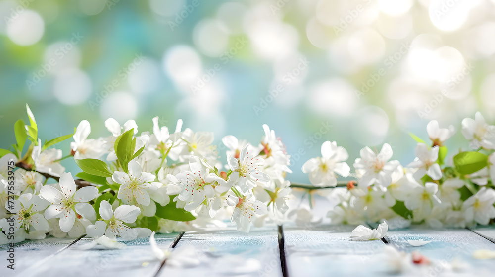 Fototapeta premium White wooden table with white cherry blossoms blooming on the branches of trees in the garden capture the beauty of spring. Empty ready for your product display or montage.