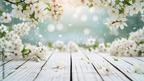 White wooden table with white cherry blossoms blooming on the branches of trees in the garden capture the beauty of spring. Empty ready for your product display or montage. © Some