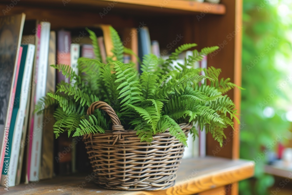 Green fern in a wicker basket on a bookshelf - obrazy, fototapety, plakaty 