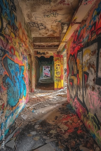 Interior of an old abandoned factory building, with graffiti on the walls.