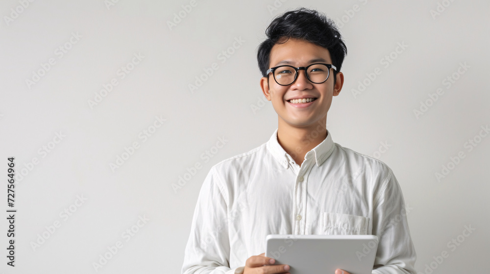Image of young asian man, company worker in glasses, smiling and holding digital tablet, standing over white background Image of young asian man, company worker in glasses, smiling and holding digital tablet, standing over white background
