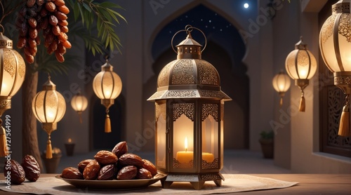 Ramadan background. a beautiful ramadan lantern with a plate of dates. Ramadan kareem photo