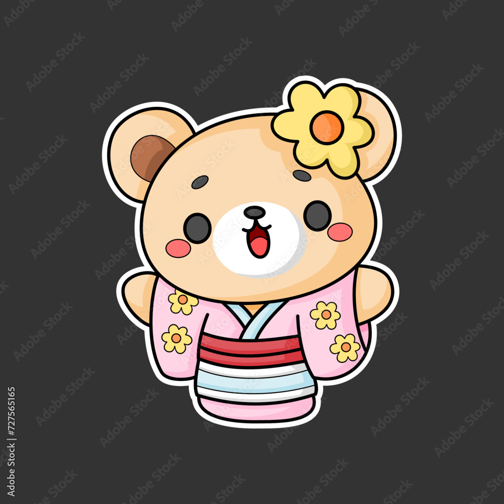 Fototapeta premium sticker of a cute bear wearing a kimono, cartoon style, kawaii