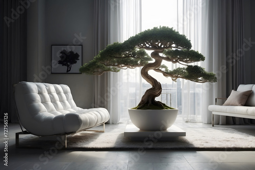 Modernized decorated room with a bonsai tree