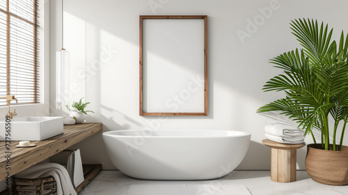 Mockup poster frame  paper size Coastal  serene Bathroom  bright walls