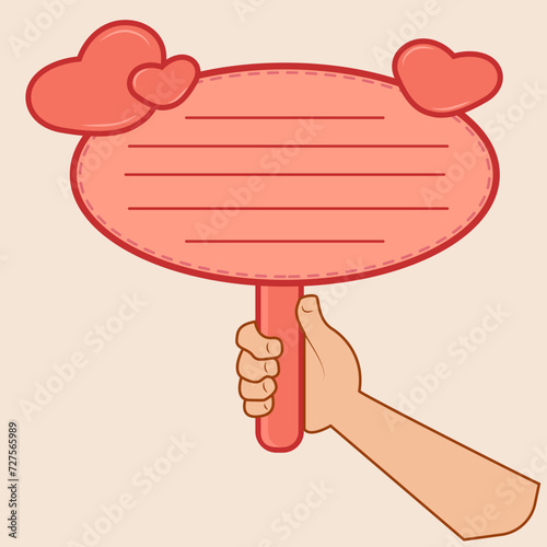 vector text box with a valentine theme, a combination of love shapes and ovals held by someone's hand