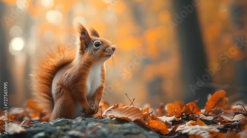 the squirrel is looking up while out in the forest