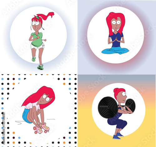 Vector illustrations of young character playing sports. A girl is engaged in running, yoga, skating and weight lifting. The female movements and poses background