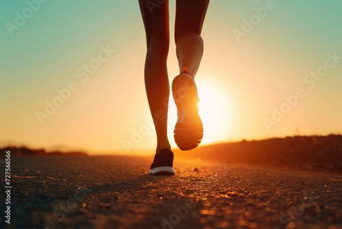 legs of a woman running on the asphalt road to the victory at sunset