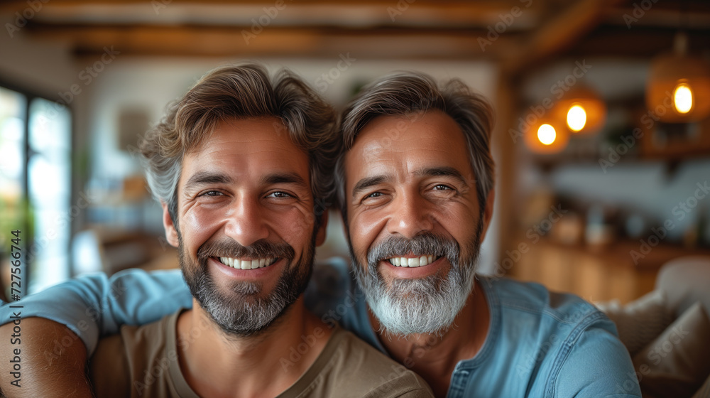 A middle-aged father wraps his arms around his grown son's shoulders. happy at home two generation male family A middle-aged father wraps his arms around his grown son's shoulders. happy at home two generation male family