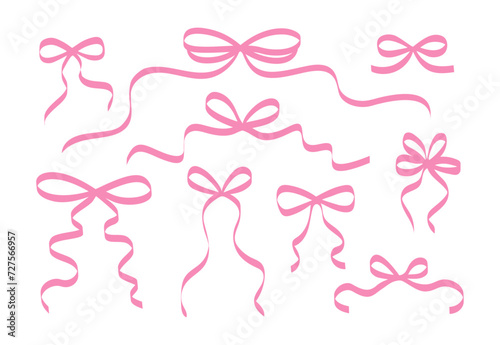 Set of decorative pink bow ribbons. Vector ribbons silhouette