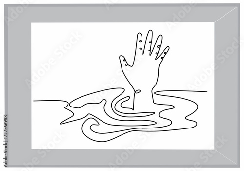 continuous line drawing of hand in water asking for help. Failure and rescue concept
