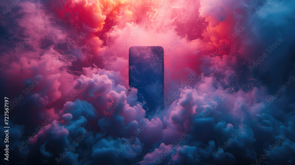 White blank smart phone and cool tone smoke floated out surrounding the smartphone. abstract colors. White blank smart phone and cool tone smoke floated out surrounding the smartphone. abstract colors.