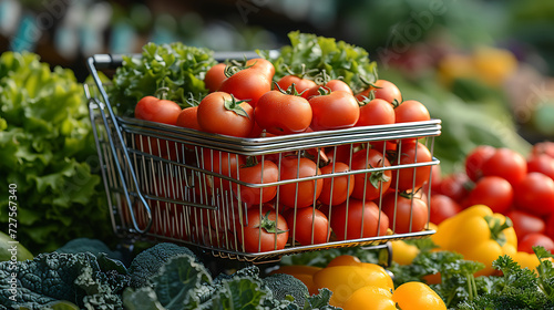 trolley filled with healthy vegetables, supermarket background