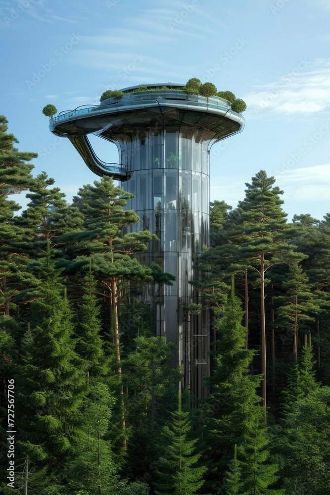 Glass skyscraper rising against a backdrop of lush green forest, the harmonious coexistence of modern architecture and the natural environment. Glass skyscraper rising against a backdrop of lush green forest, the harmonious coexistence of modern architecture and the natural environment.