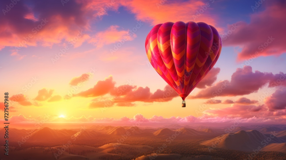 Hot air balloon over the sea at sunset. Neural network AI generated art