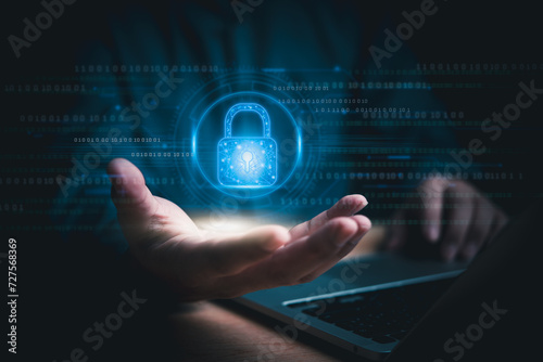 Cybersecurity digital lock technology encryption data protection virtual privacy authentication innovation online network information interface computing internet safety