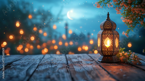 wooden board of empty table with ramadan kareem background photo
