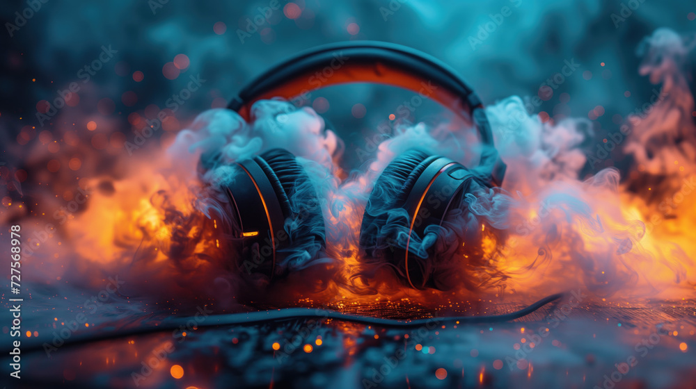 Headphones that emit colorful smoke And there is smoke covering the headphones. Fun and excitement with the music concept.