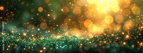 Abstract blur bokeh banner background. Gold bokeh on defocused emerald green background