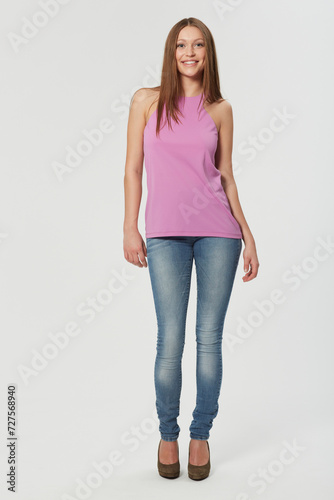 Woman, portrait and fashion smile with confidence in studio for beauty style or white background, high heels or mockup space. Female person, model and happy for face as Canadian, clothes or outfit