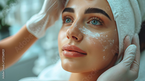 Gorgeous woman receiving relaxing skincare treatment at luxurious spa salon  Woman with a towel on her head  The serene atmosphere and elegant ambiance exude a sense of tranquility and indulgence