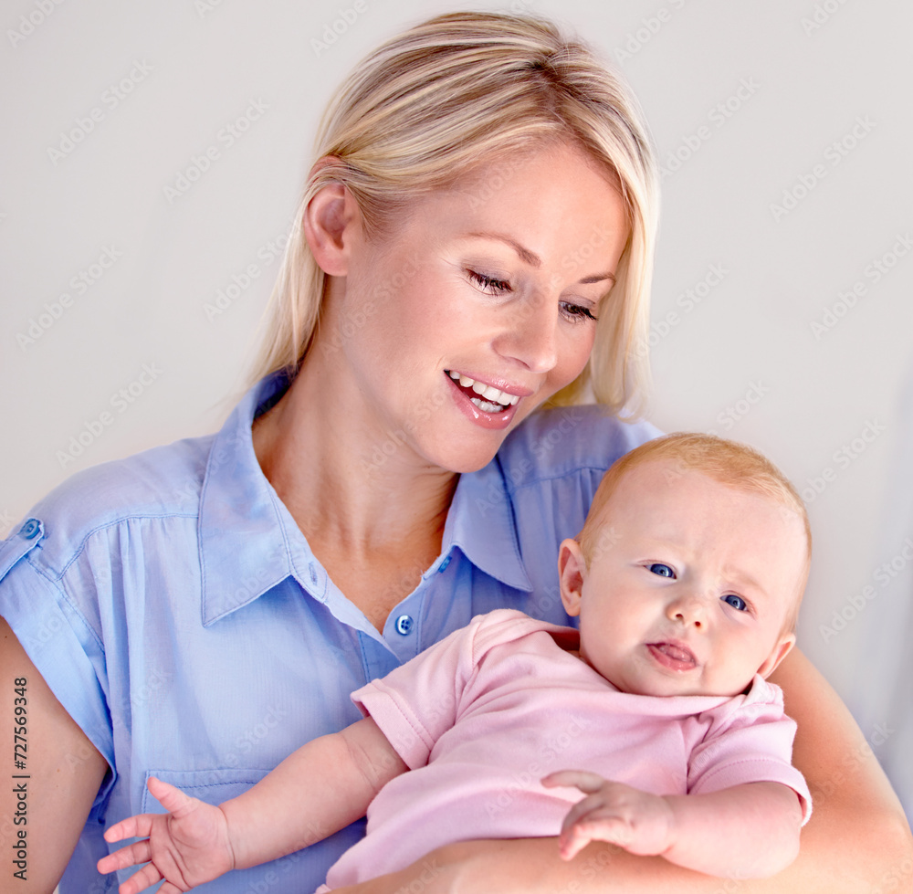 Woman, baby and portrait with smile, happy and hug for love, bonding and home. Mother, daughter and child with house, laugh and toddler for joy, holding and caring for motherhood, kids and parent Woman, baby and portrait with smile, happy and hug for love, bonding and home. Mother, daughter and child with house, laugh and toddler for joy, holding and caring for motherhood, kids and parent