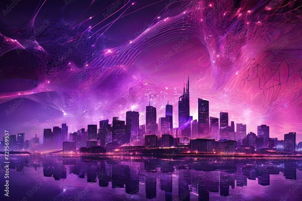 Illusionary night city: Vibrant purples, pinks, digital lines. A captivating blend of reality and fantasy. Explore the enchantment in this unique cityscape. 