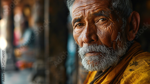 An old homeless Indian man sits alone on the street, worried and sad. © Morng