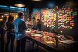 Creative Team Brainstorming Session with Sticky Notes. A group of professionals engaging in a collaborative brainstorming process, surrounded by colorful sticky notes on a wall.

