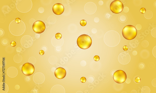 Golden oil bubbles. capsule bubbles. gold circle. yellow gradient background.