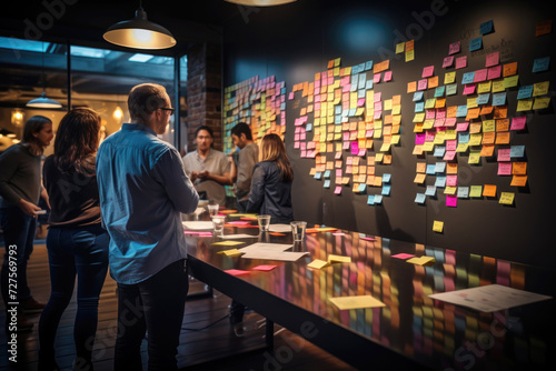 Creative Team Brainstorming Session with Sticky Notes. A group of professionals engaging in a collaborative brainstorming process, surrounded by colorful sticky notes on a wall.

 photo