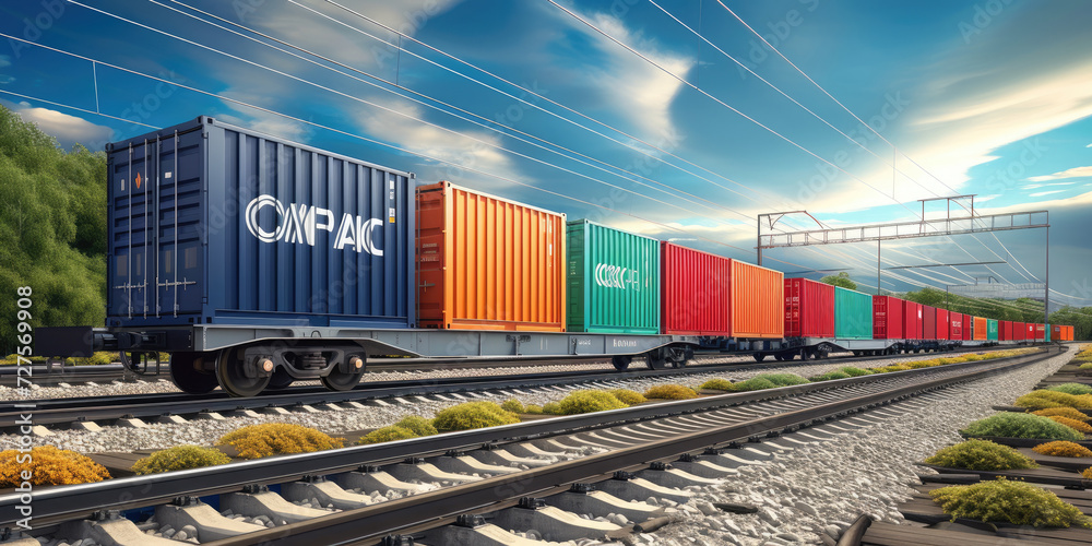 Obraz premium freight train rolling on the train tracks with cargo containers. An impactful representation of the efficient movement within the industrial and logistical landscape. 