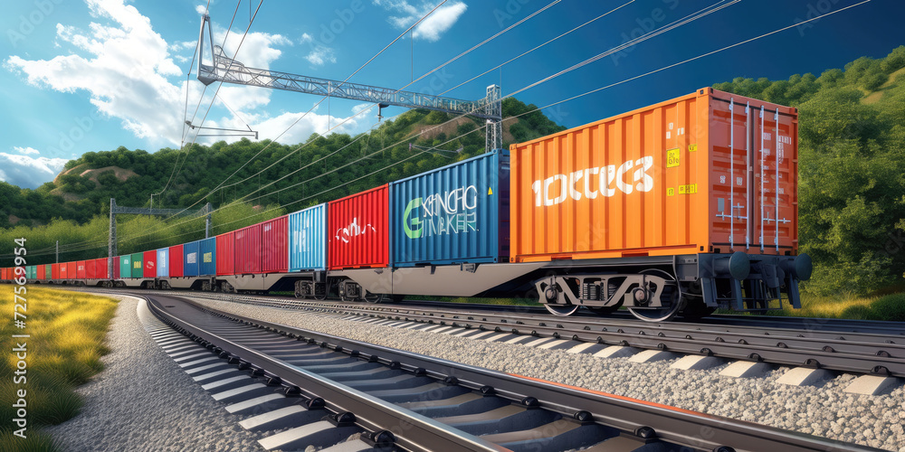 freight train rolling on the train tracks with cargo containers. An impactful representation of the efficient movement within the industrial and logistical landscape. freight train rolling on the train tracks with cargo containers. An impactful representation of the efficient movement within the industrial and logistical landscape.