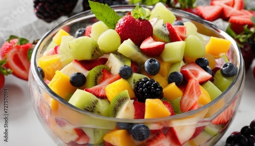A bowl of fruit salad with strawberries  blueberries  kiwi  and watermelon