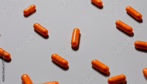 A bunch of orange pills on a white background