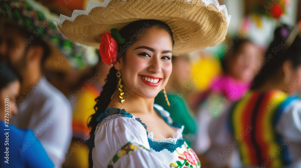 Obraz premium Mexican woman wearing traditional dress and sombrero smiling at camera