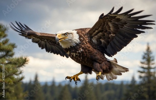 close-up portrait of an eagle flying quickly across the sky and a plain of trees