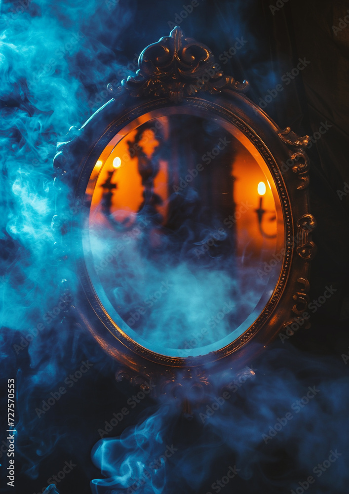 Round mirror on black background with smoke. Copy space for text. Round mirror on black background with smoke. Copy space for text.