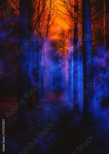 Mysterious dark forest at night with blue and red fog. © Jioo7