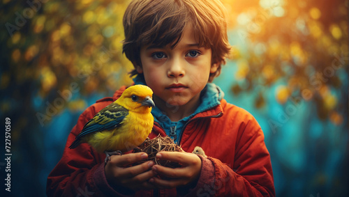 Child boy gently holding a small bird in hand photo