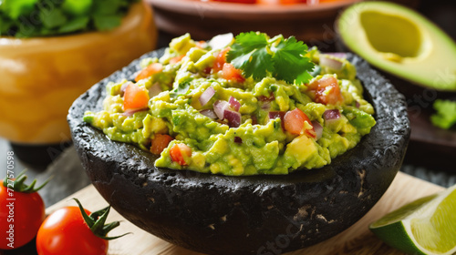 Mexican guacamole with avocado, tomato and cilantro