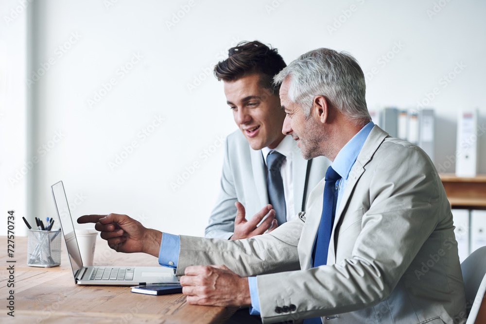 Senior businessman, employee and laptop for consulting, leadership and mentor on technology. Businesspeople, ideas and advice or feedback on report, proposal and discussion or teaching in office Senior businessman, employee and laptop for consulting, leadership and mentor on technology. Businesspeople, ideas and advice or feedback on report, proposal and discussion or teaching in office