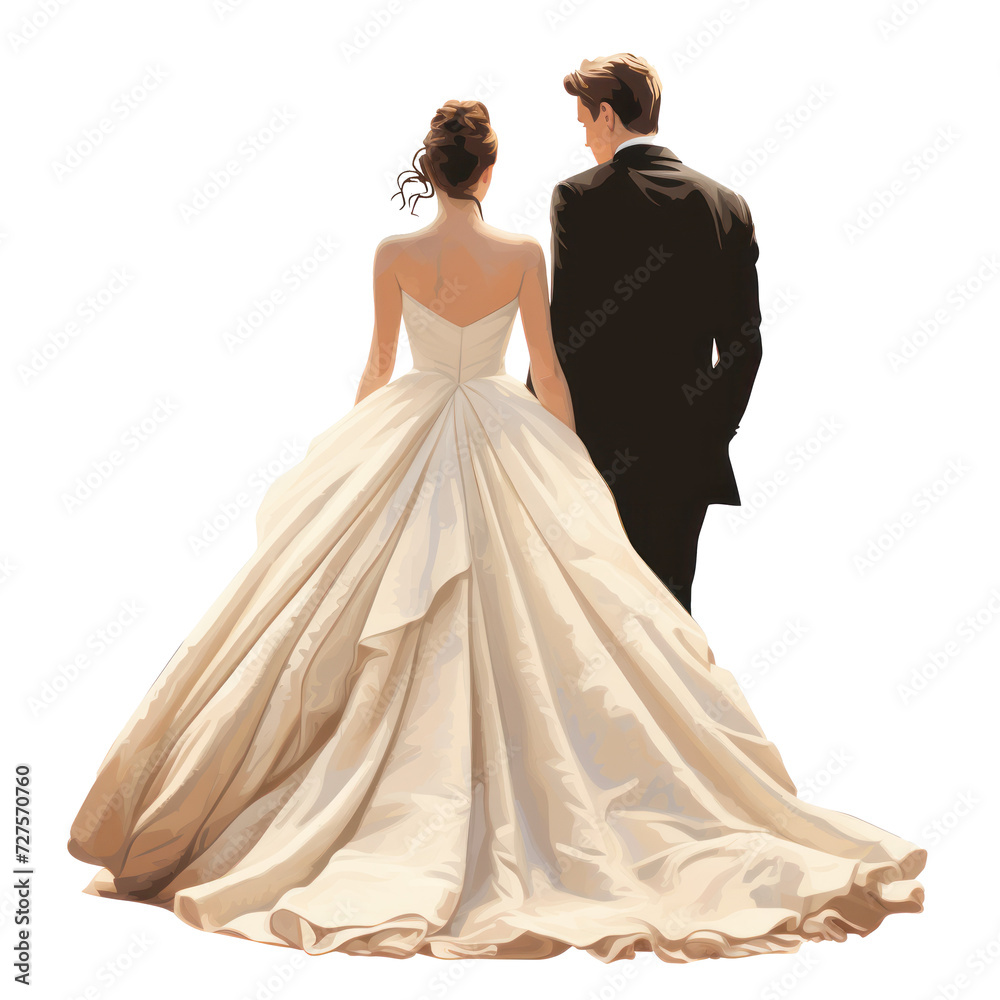 illustration of a wedding couple bride & groom isolated on transparent background, rear view, png illustration of a wedding couple bride & groom isolated on transparent background, rear view, png
