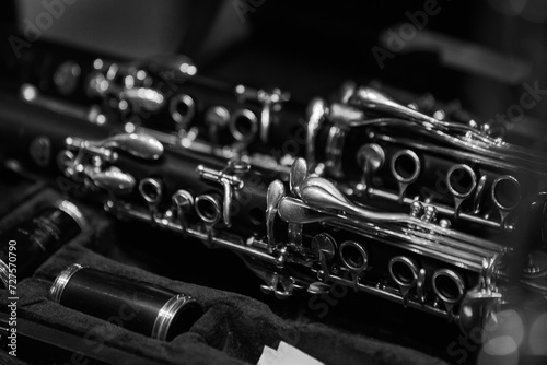 Fragment of lying clarinets in black and white