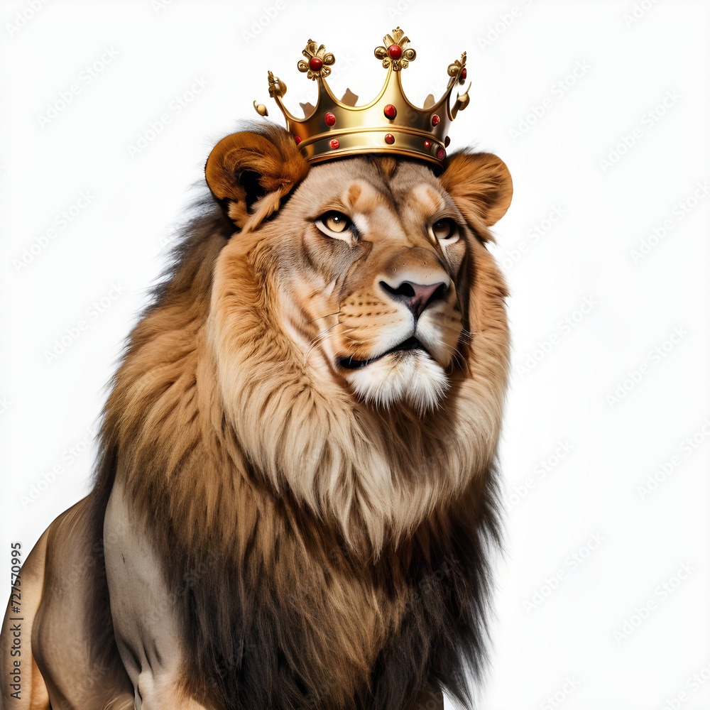 lion isolated on white wearing a crown
