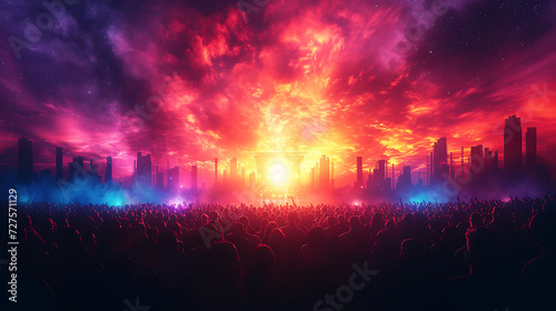 Music Festival with silhouette crowd, luxury stage background