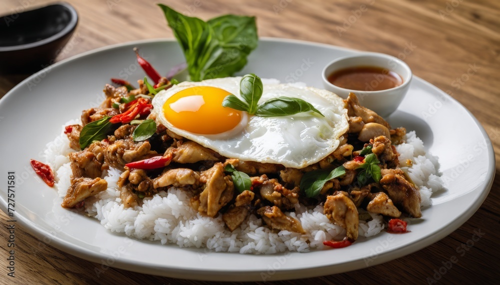 A plate of food with rice, meat, and a fried egg A plate of food with rice, meat, and a fried egg