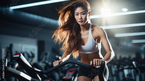 Young Asian woman working out on exercise bike at gym. Neural network AI generated art